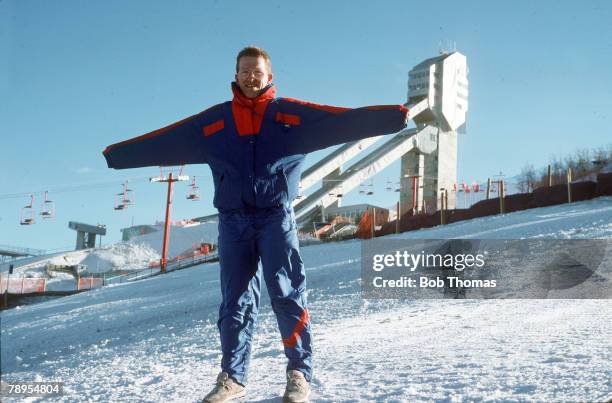 Sport, 1988 Winter Olympic Games, Calgary, Canada, Mens 70 and 90 metre Ski Jump, Great Britain's Eddie "The Eagle" Edwards interviewed on the lift...