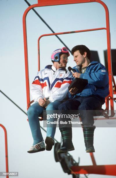 Sport, 1988 Winter Olympic Games, Calgary, Canada,Mens 70 and 90 metre Ski Jump, Great Britain's Eddie "The Eagle" Edwards interviewed on the lift by...