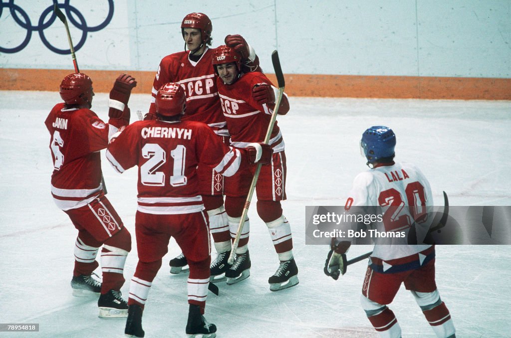 Sport. 1988 Winter Olympic Games. Calgary, Canada. Ice Hockey. USSR. v Czechoslovakia. Russia team celebrating, the team going on to become the eventual Gold medal winners.
