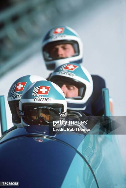 Sport, 1988 Winter Olympic Games, Calgary, Canada, 4 Man Bobsleigh, Switzerland on a practice run