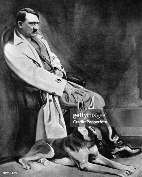 Drawing of Nazi leader and German chancellor Adolf Hitler with his dog