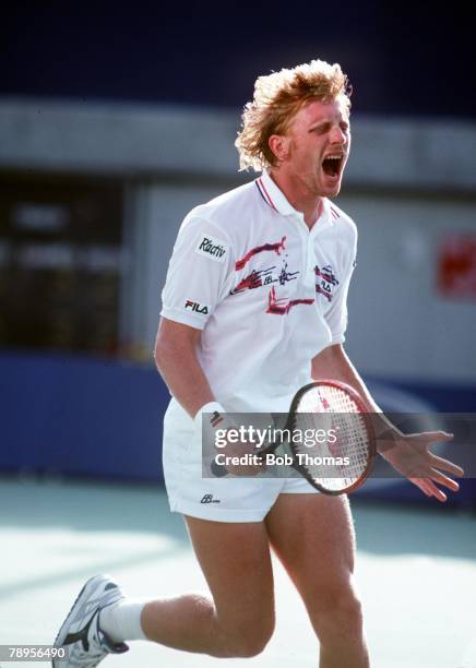 Tennis, 1991 Australian Open Tennis Championships, Melbourne, Australia, Germany's Boris Becker celebrates as he takes a set against Omar Camporese