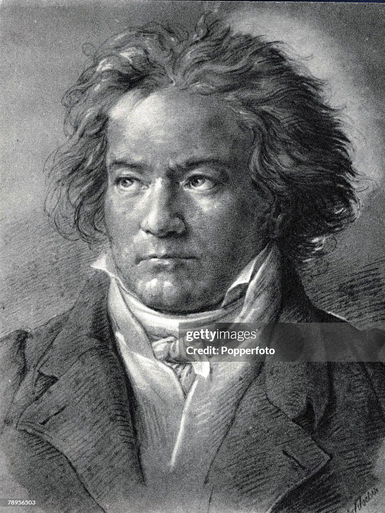 Portrait of German composer Ludwig Van Beethoven 1770-1827, who wrote 9 symphonies, 32 piano sonatas, 16 string quartets, five piano concertos, a violin concerto, two masses, the opera Fidelio and and choral music.