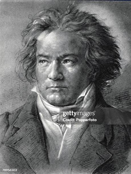 Portrait of German composer Ludwig Van Beethoven 1770-1827, who wrote 9 symphonies, 32 piano sonatas, 16 string quartets, five piano concertos, a...