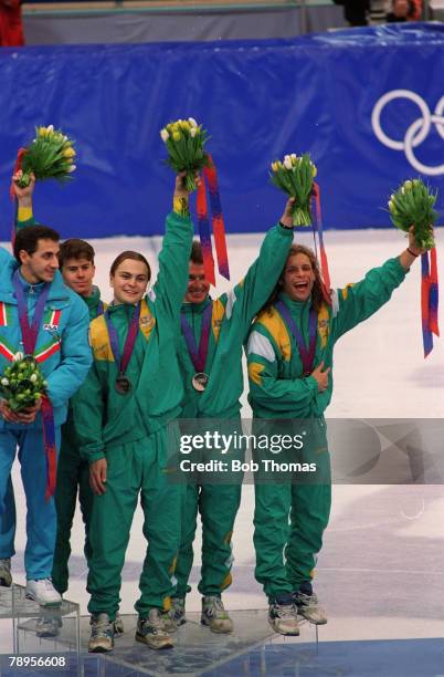 Sport, 1994 Winter Olympic Games, Lillehammer, Norway, Mens Short-Track Speed Skating: 5000 metres relay, Medal ceremony, Australia the Bronze medal...