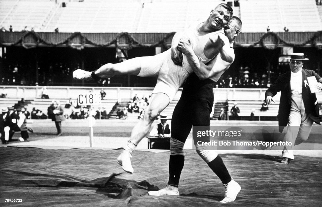 1912 Olympic Games. Stockholm, Sweden. Wrestling.Russia's Klein and Finland's Asikainen in action during the Final.