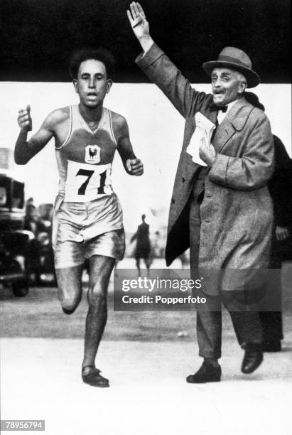 Olympic Games, Amsterdam, Holland, Marathon, France's Mohamed Boughera El Ouafi wins the gold medal in 2 hours, 32 minutes and 57 seconds