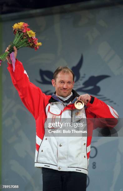 Sport, 1998 Winter Olympic Games, Nagano, Japan, Alpine Skiing, Mens Combined Downhill, Mario Reiter,Austria, the Gold medal winner