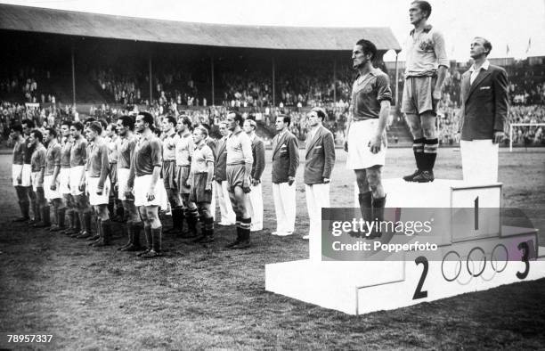 Olympic Games, London, England, Football, Medal Ceremony, Gold Medal: Sweden, Silver Medal: Yugoslavia, Bronze Medal: Denmark