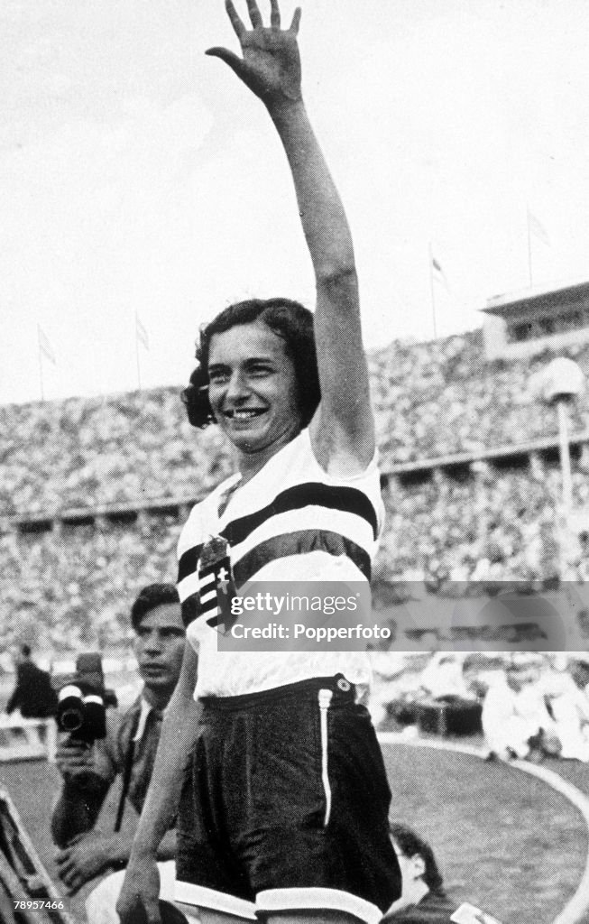 1936 Olympic Games. Berlin, Germany. Women's High Jump. Hungary's Ibolya Csak who won the gold medal.