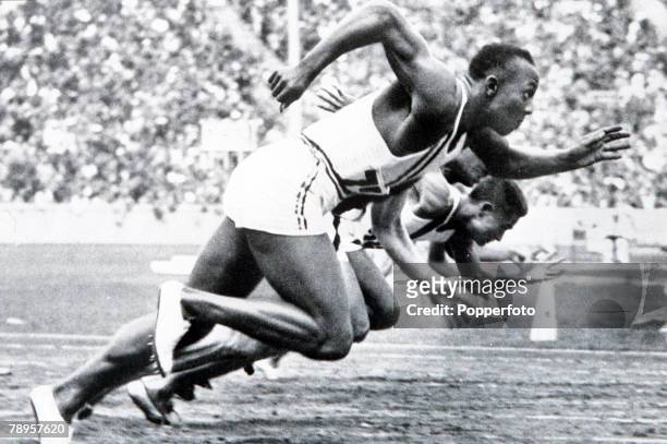 Olympic Games, Berlin, Germany, Men's 100 Metres Final, USA's legendary Jesse Owens on his way to winning one of his four gold medals