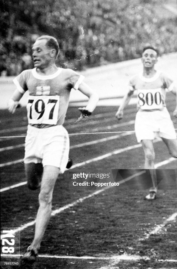 1928 Olympic Games. Amsterdam, Holland. Men's 10000 Metres Final. Finland's Paavo Nurmi finishes the race to take the gold followed by fellow countryman Ville Ritola for silver.