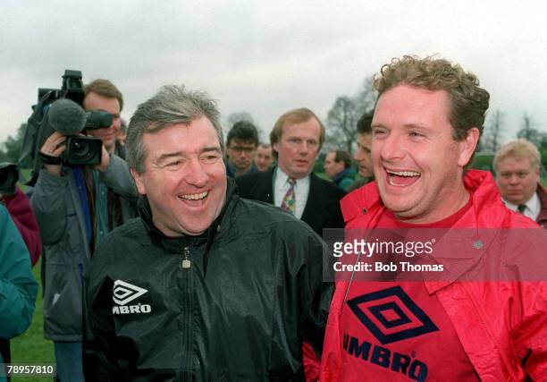 March 1994, England Football Training, England head coach Terry Venables and Paul Gascoigne laugh as they share a joke
