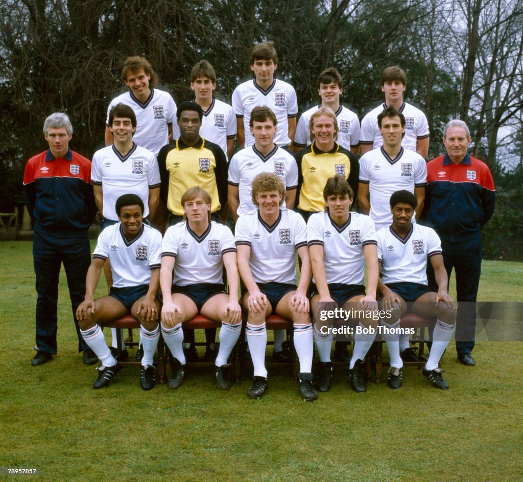 Sport. Football. pic: 26th February 1984. The England Under-21 Squad. Back row, left-right, Mel Sterland, Nigel Callaghan, Alan Smith, Steve Hodge, Paul Bracewell. Middle row, left-right, Mike Kelly (Coach), Gary Stevens, Alex Williams, Dave Watson, Gary