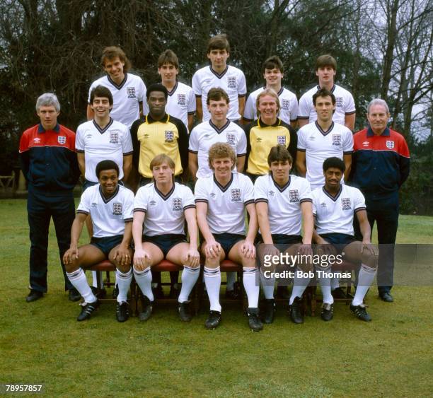 26th February 1984, The England Under-21 Squad, Back row, left-right, Mel Sterland, Nigel Callaghan, Alan Smith, Steve Hodge, Paul Bracewell, Middle...