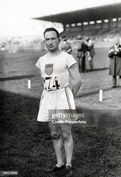 American sprinter Jackson Scholz posed during competition in the Men's 100 and 200 metres events at the 1924 Summer Olympics in the Stade Olympique...