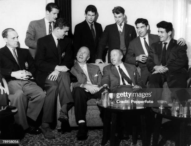 March 1958, Blackpool, Manchester United in the team hotel shortly before the 1958 FA, Cup Final, Seated left-right,are Matt Busby, Jimmy Murphy ,...