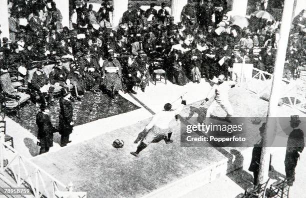 Olympic Games, Athens, Greece, Fencing, Men's individual foil, An aerial view showing two competitors in action