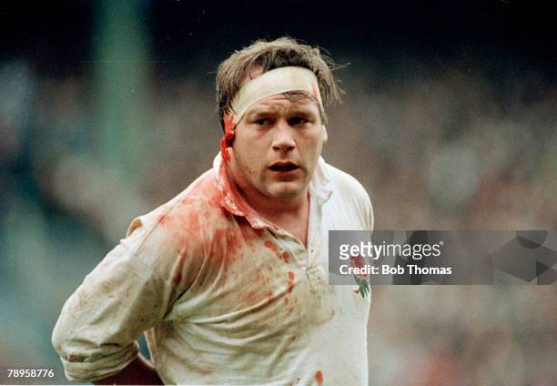 Sport, Rugby Union, pic: January 1990, 5 Nations Championship at Twickenham, England 23 v Ireland 0, England prop Jeff Probyn in his bloodstained...