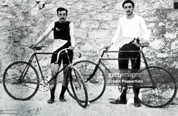 Olympic Games, Athens, Greece, Cycling, French winners Paul Masson and Léon Flameng.