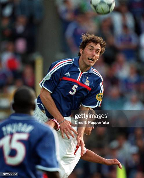 Football, European Championships , Jan Breydel Stadium, Bruges, Belgium, France 3 v Denmark 0, 11th June France+s Laurent Blanc jumps up to head the...