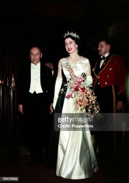 Queen Elizabeth II pictured at a Royal film performance at Leicester Square, London