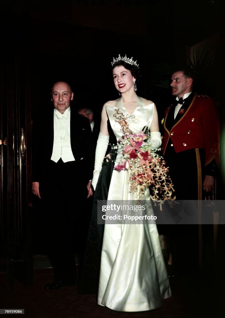 British Royalty. pic: 1952. Queen Elizabeth II pictured at a Royal film performance at Leicester Square, London.