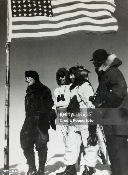 Explorers, Polar Exploration, pic: circa 1955, Rear Admiral Richard E,Byrd, left, revisits "Little America" an area in the Antarctic which he...
