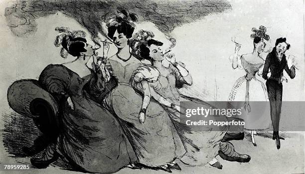 People, Health, Smoking, pic: 1832, This illustration shows a group of women smoking cheroots, which at the time was thought to have been a...