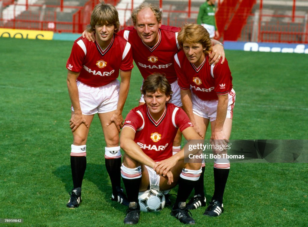 BT Sport. Football. pic: 1984. Old Trafford. Manchester United captain Bryan Robson, front, with the club's new signings left-right, Jesper Olsen, Alan Brazil and Gordon Strachan.