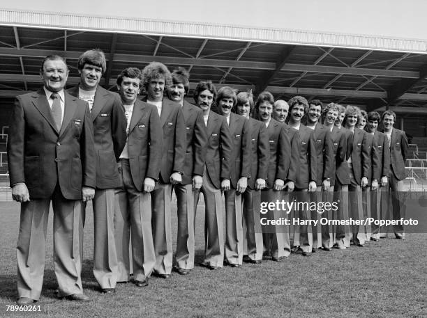 Liverpool FC players and management line up for a team photograph in their European Cup Final suits at Anfield in Liverpool, England, circa May 1978....