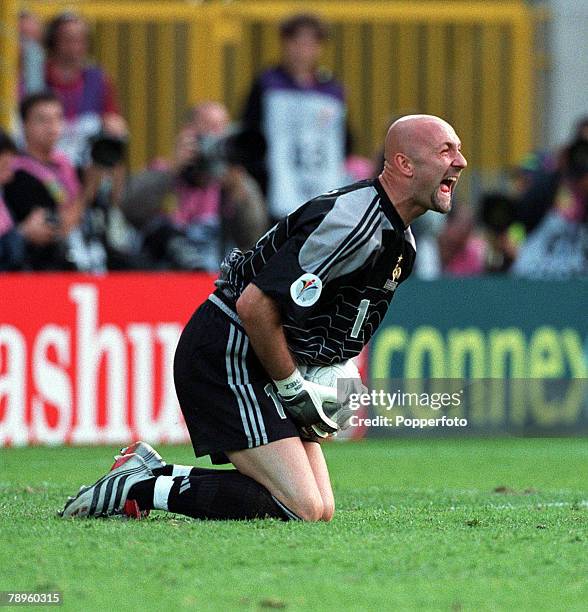 Football, European Championships , Jan Breydel Stadium, Bruges, Belgium, France 3 v Denmark 0, 11th June French goalkeeper Fabien Barthez shouts out...