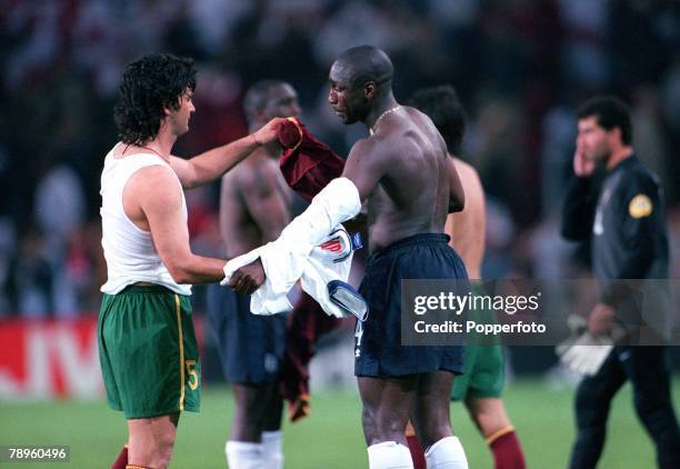 Football, European Championships, ,Portugal v England , Eindhoven, Holland,12th, June England's Sol Campbell exchanges shirts with Portugal's...