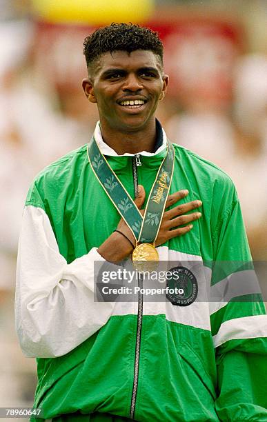 Olympic Games Football Final in Athens, Georgia, USA, Nwankwo Kanu, Nigeria, with his Gold medal