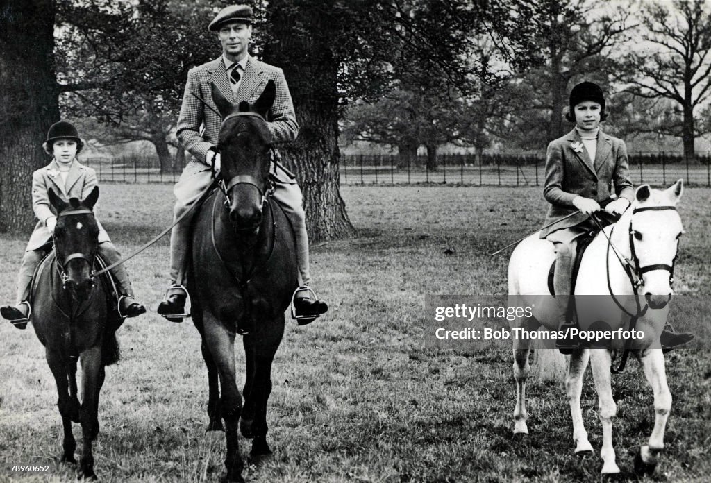 British Royalty. King George VI pictured when he was H.R.H. the Duke of York out riding with his daughter Pricess Elizabeth (later Queen Elizabeth II) and Pricess Margaret, 1938.