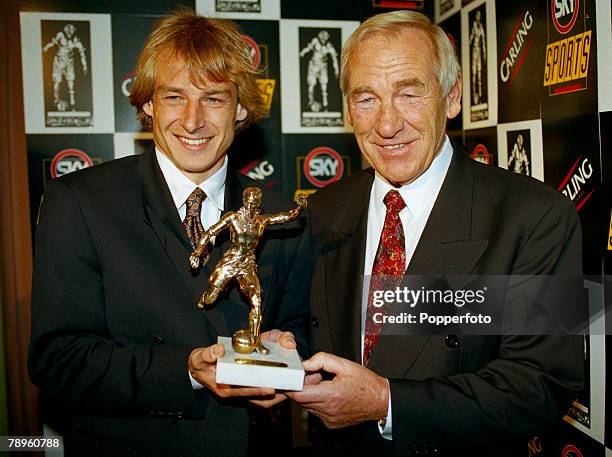 18th May 1995, Player of the Year Awards, London, Germany's Jurgen Klinsmann receives the Football Writers Association Player of the Year Award from...