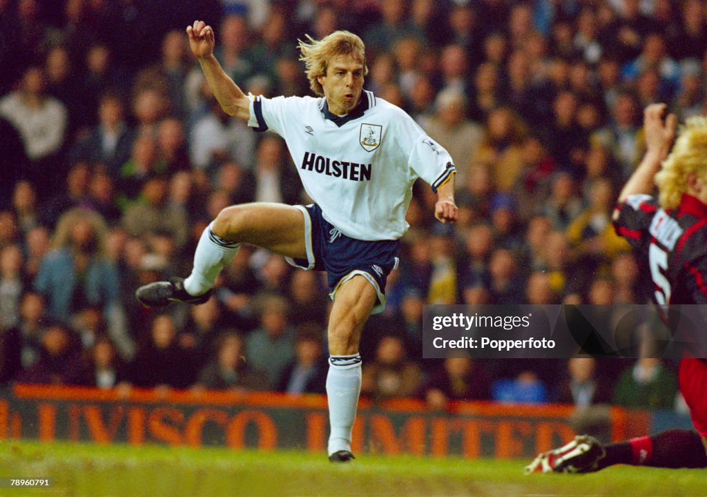 Sport. Football. pic: 6th February 1995. FA. Carling Premiership. Tottenham Hotspur 3 v Blackburn Rovers 1.Jurgen Klinsmann, Tottenham Hotspur, 1994-1997, in action as he scores for "Spurs". Jurgen Klinsman won 108 caps for Germany, a star striker, who sc