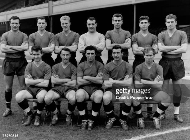 The 1961 England national football team at Highbury stadium on 15th April 1961, Back row from left to right, Jimmy Armfield, Bobby Robson, Ron...