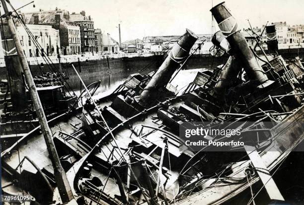Little boats that were used in the evacuation of British soldiers from Dunkirk, lie in Dunkirk Harbour after being destroyed by German Nazi forces...
