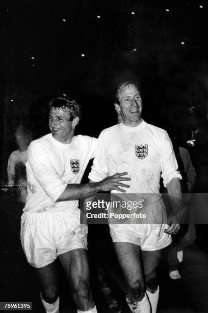 3rd April 1968, European Championship Quarter Final, 1st Leg, Wembley, England 1 v Spain 0, England goalscorer Bobby Charlton, right, is...