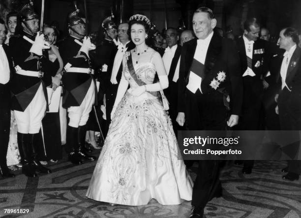 April 1957, Paris, France, HM,Queen Elizabeth II pictured with French President Rene Coty while on her official visit to France