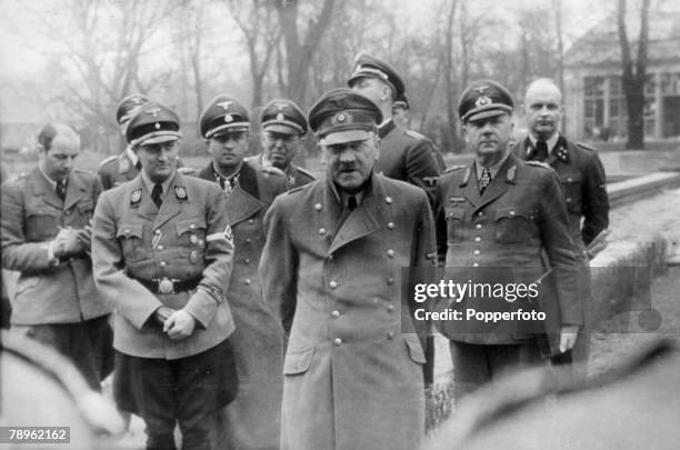 War and Conflict, World War Two, pic: 20th April 1945, Germany's leader Adolf Hitler pictured with some of his officers, some 10 days before he...