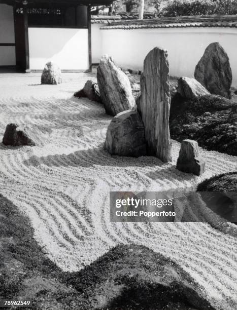 Travel, Japan, Kyoto, Circa 1900's, Sangen in Daitoku Ji Temple, A Zen rock garden, the sand is raked everyday in the same traditional manner