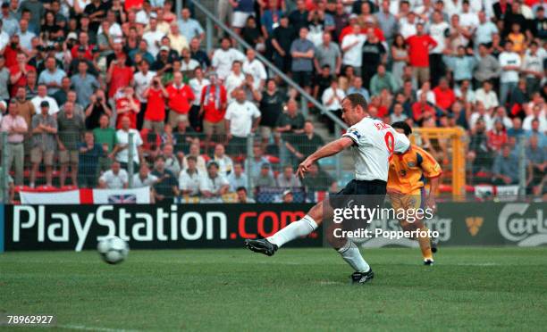 Football, European Championships , Stade du Pays de Charleroi, Belgium, England 2 v Romania 3, 20th June Engalnd captain Alan Shearer shoots home...