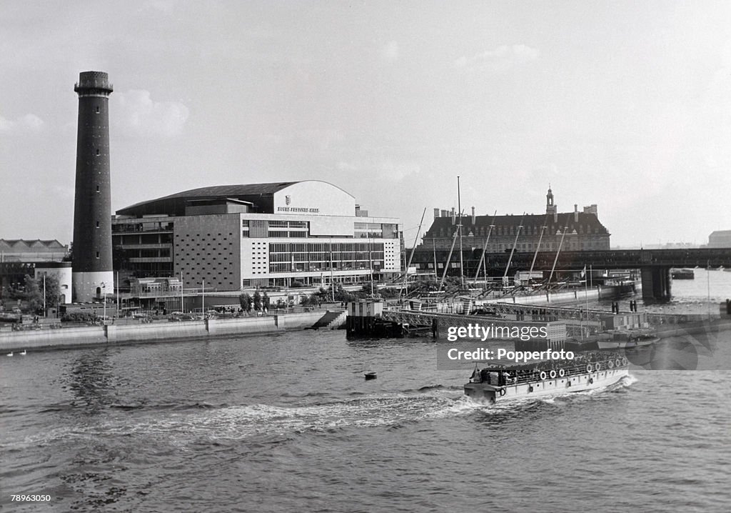 Travel. London, England. Circa 1950's. The Royal Festival Hall, part of the South Bank. Seen here from the River Thames.