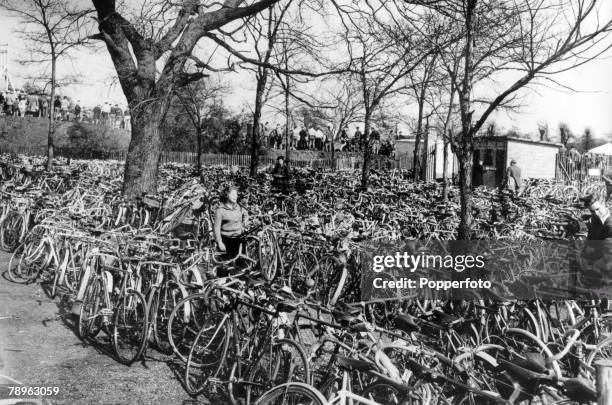 Travel, Sport, England, London, pic: April 1952, A chaotic scene at Herne Hill cycling park with a mass of cycles left by those attending the easter...