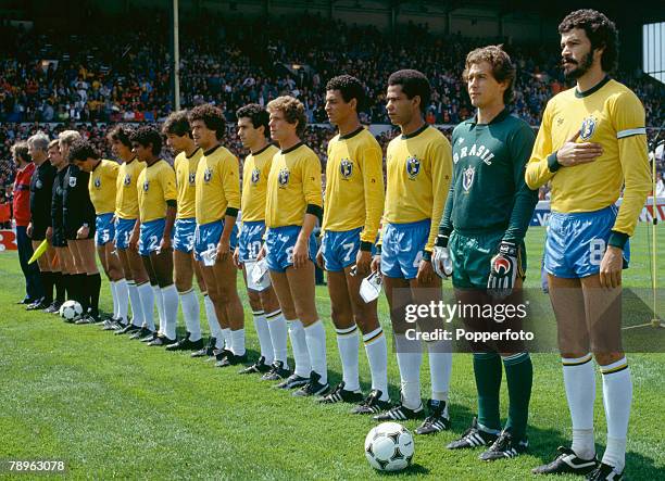 12th June 1983, Friendly International at Cardiff, Wales v Brazil, The Brazil line-up, the players include Socrates, Emerson Leao, Luizinho, Borges,...