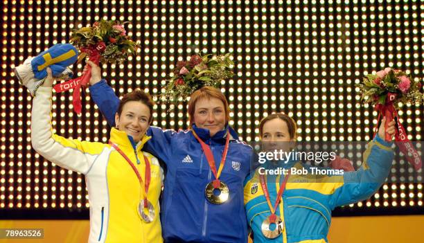 Sport, Winter Olympic Games, Torino, Italy, 10th - 26th February 2006, 16th February, Medal Ceremony, Biathlon 5 Km Sprint, Women, Florence Baverel...