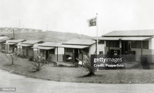 Portable wooden cabins housing athletes from the Australia team competing in events at the 1924 Summer Olympics, in the Olympic Village built near...