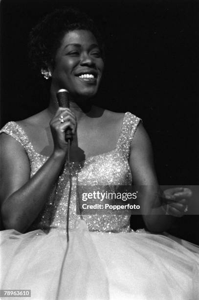 London, England American singer Sarah Vaughan is pictured performing at the Royal Festival Hall